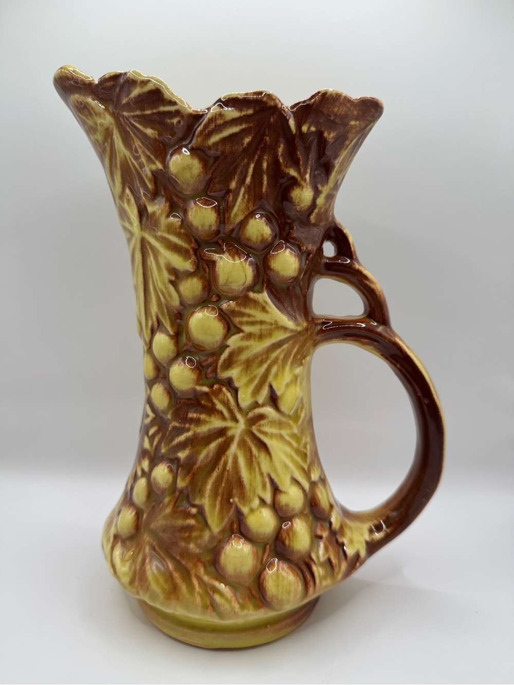Vintage McCoy Pottery Grape Leaf Pitcher Vase Yellow Brown Glaze 9.5"